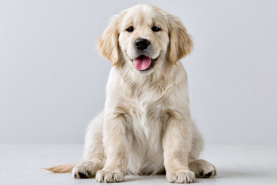 Cute golden retriever puppy sitting on a bright clean background, adorable pet concept