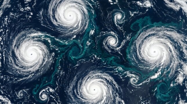 Triple Cyclone Threat: An aerial view captures the immense power of three concurrent hurricanes swirling in the vast ocean, their colossal energy creating turbulent waters and dynamic patterns.