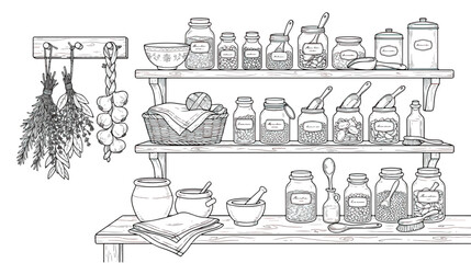 Fototapeta premium Vintage kitchen pantry sketch, rustic wooden shelves with glass spice jars and dried herbs, hand-drawn apothecary bottles and culinary ingredients vector