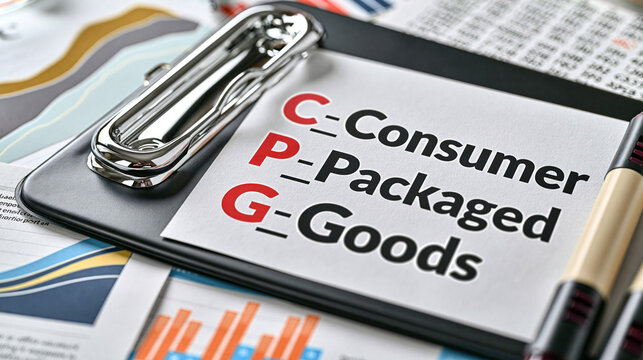 CPG Acronym on Clipboard: A clipboard displays the acronym CPG, standing for Consumer Packaged Goods, surrounded by financial charts and documents, symbolizing business strategy and analysis.