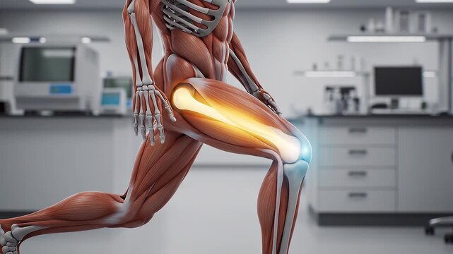 Anatomy of the Human Leg Performing a Lunge Exercise Showing Muscle Engagement and Bone Structure in a Medical Lab
