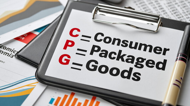 CPG Acronym on Clipboard: A close-up shot of a clipboard displaying the acronym CPG (Consumer Packaged Goods) with financial charts and graphs in the background.
