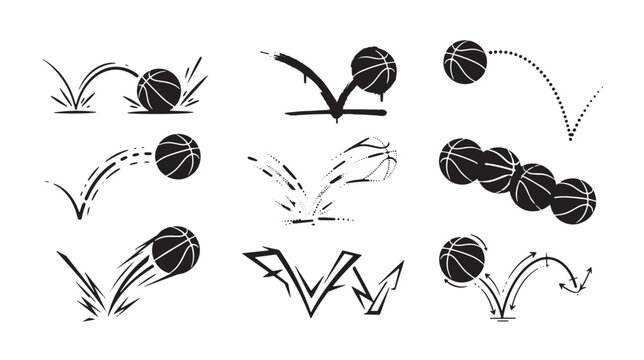Collection of nine basketball motion featuring bouncing balls with ink drips and speed lines on a graffiti white background, for sports branding