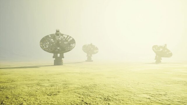 Minimalist radio grove in pale haze with spaced parabolic receivers across open plain, soft tonal palette and contemplative mood suitable for editorial