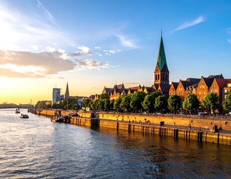 Waterfront cityscape with historic architecture at sunset