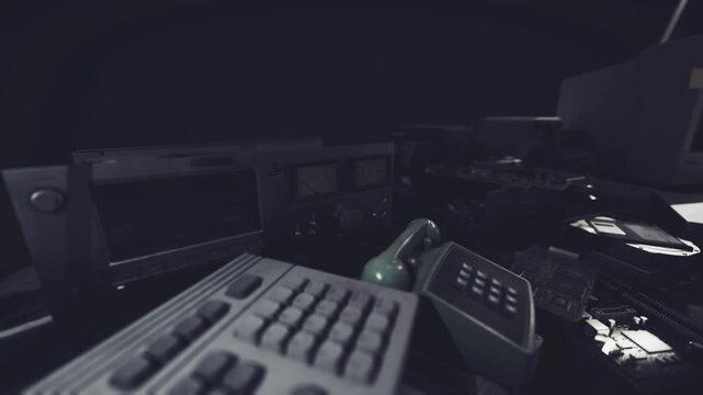 Retro communication console with green telephone and meters, analog gauges glowing, numeric keypad, cable bundles, cockpit like control room, latenight