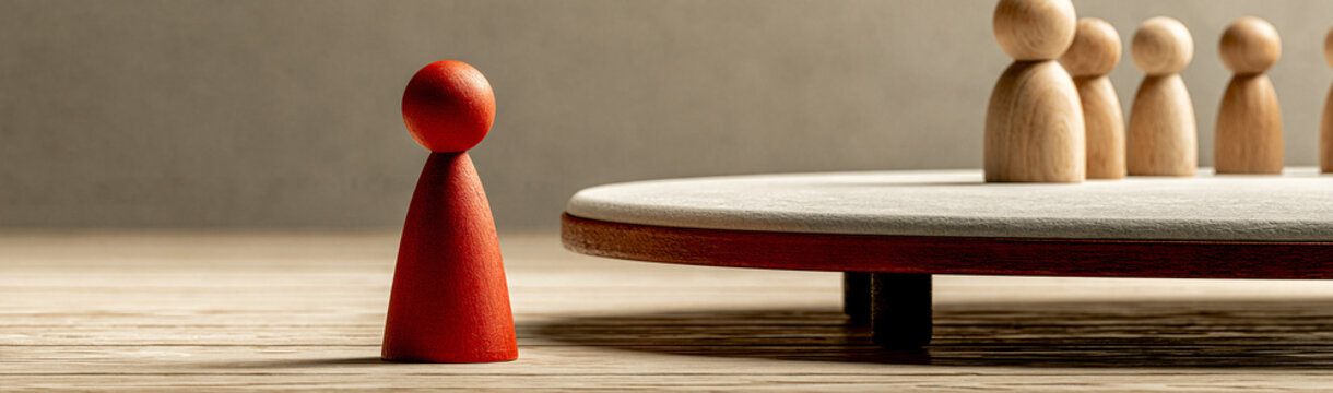 Solo Red Pawn Versus Group: A single red pawn stands in contrast to a group of wooden pawns arranged on a circular platform, symbolizing individuality and separation within a collective.