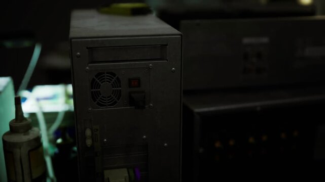 Old server chassis on salvage bench with rear fan and open sockets, dust and repair fluids nearby, data recovery or recycling scenario in industrial workshop,