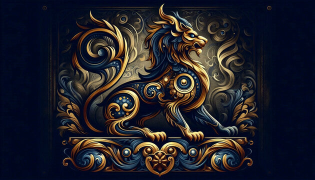 A powerful and majestic depiction of a griffin, a mythical creature with the body of a lion and the head and wings of an eagle, in a heraldic style, Ai generated image