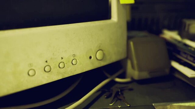 Vintage cluttered storage. Outdated computer monitor nestled among disorderly shelves loaded with various discs speakers and dusty storage containers
