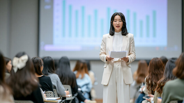 Conference Speaker: A confident female speaker presents to an engaged audience in a well-lit lecture hall, with a bar chart projected on a large screen behind her.