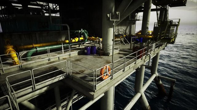 Sunset illuminates rig surroundings. Shadows cast over equipment during tranquil evening hours. Ensuring safety and careful operation on rig deck at sunset