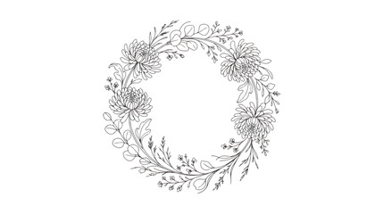 Minimalist floral wreath vector, hand drawn botanical frame with chrysanthemum flowers and eucalyptus leaves, elegant black line art border for wedding invitations © Tayba