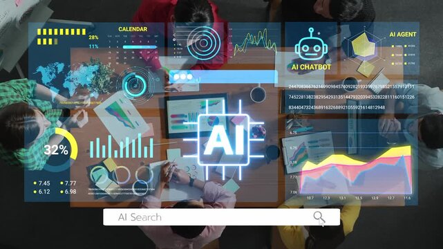 Collaborative Team Meeting with Data Analytics and Artificial Intelligence Imagery on a Modern Workspace Table. Entropy.