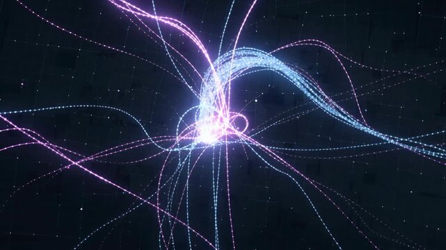 Dark grid cyberpunk background filled with countless thin threads of glowing pink and violet blue light flowing like a high speed data stream. Slow orbital drone motion moves through the energetic lin