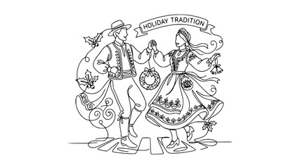 Obraz premium Couple Dancing in Traditional Folk Costumes Holding Holiday Wreath and Bells