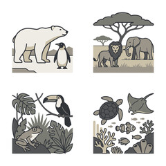 Obraz premium Diverse Animals in Stylized Ecosystems: Arctic Penguin & Polar Bear, Tropical Frog & Toucan