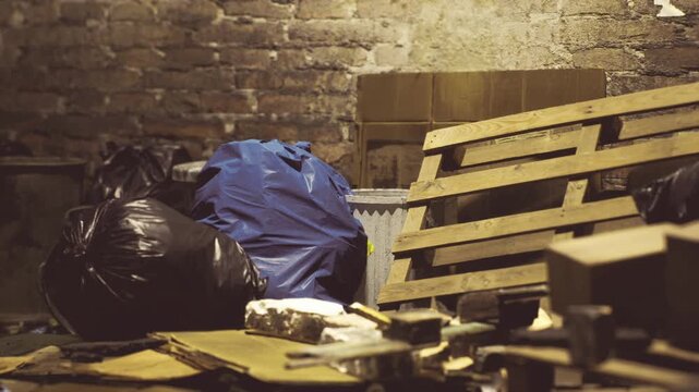 In a dimly illuminated storage area, assorted trash bags and wooden pallets clutter the space, hinting at neglect and disarray. Old cardboard boxes add to the chaotic scene.
