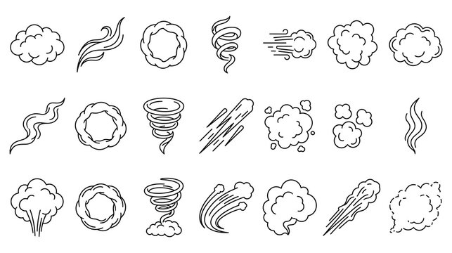 Smoke and wind gust icons set showing various clouds steam swirls and airflow lines.