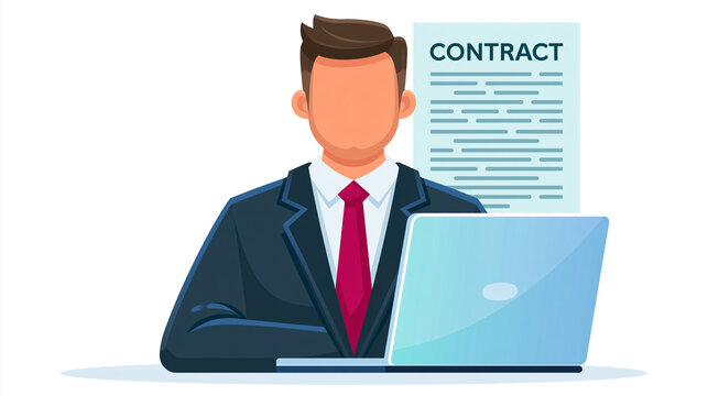 Formal Agreement: A businessman in a suit sits at a desk with a laptop and a signed contract nearby, symbolizing a successful business deal or negotiation.