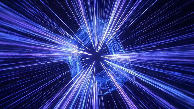 Countless thin threads of glowing blue and violet light flow in a dark void like a digital neural network or fiber optic cables. Slow orbital drone movement passes through the threads in a fluid energ