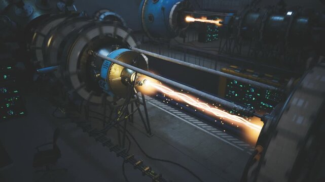 Glowing plasma beam inside accelerator core, sparks flying along containment tube, instrument cables and control nodes, dark research lab with blue accent