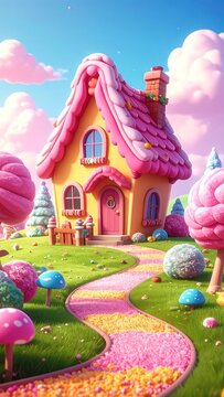 Whimsical candy land cottage with path and lollipop trees