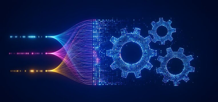 Glowing binary data transforming into digital gears representing automated machine learning system mechanics and data engineering
