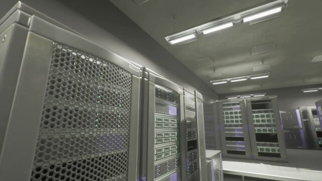 Edge servers lined in blue light, compact onpremise inference hub, cabinets with green status indicators, lowlatency orientation, quiet cooling and dense