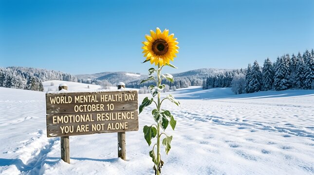 Sunflower in winter landscape with world mental health day sign