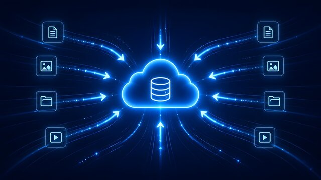 Cloud Computing Data Storage Concept With Glowing Blue Digital File Icons Streaming Into Central Cloud Server