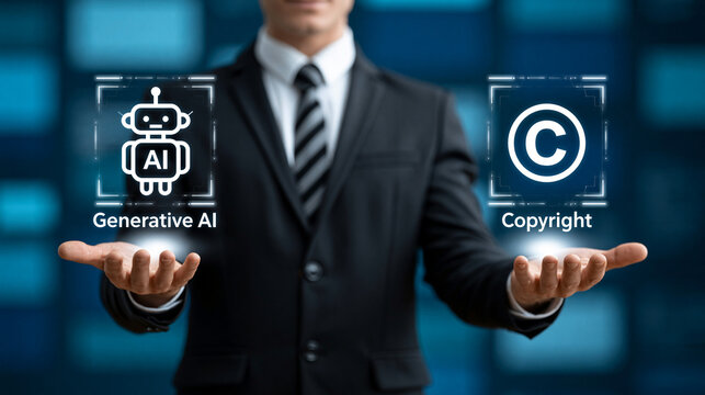 AI and Copyright Concept: A businessman in a suit holds up two glowing holographic icons, one representing Generative AI and the other Copyright.