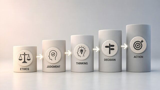 Ascending white podiums displaying ethics judgment thinking decision and action steps representing business growth through structured moral strategy