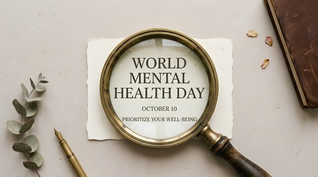 World mental health day concept with magnifying glass and stationery