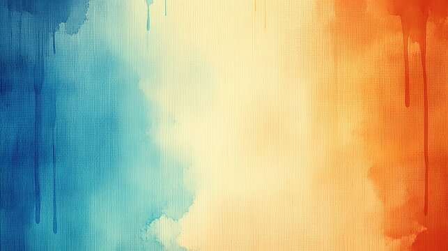 Horizontal watercolor gradient seamless artwork with saturated blue shifting to light teal, pale yellow beige midsection and warm deep reddish orange right side, vertical brush strokes and paint drips