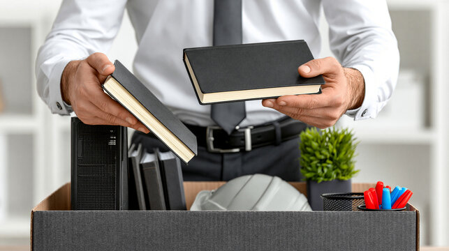 Fired from Work: A man in a suit holds two books, standing in front of a cardboard box filled with office supplies, signifying termination from employment.