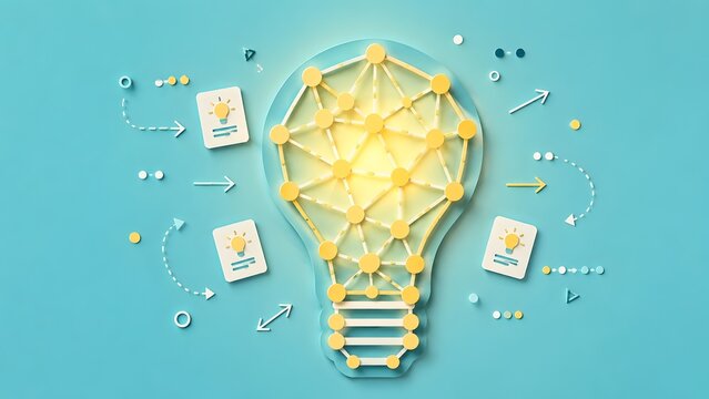 3D papercraft lightbulb with glowing network connections representing brainstorming creative ideas and innovative business strategy