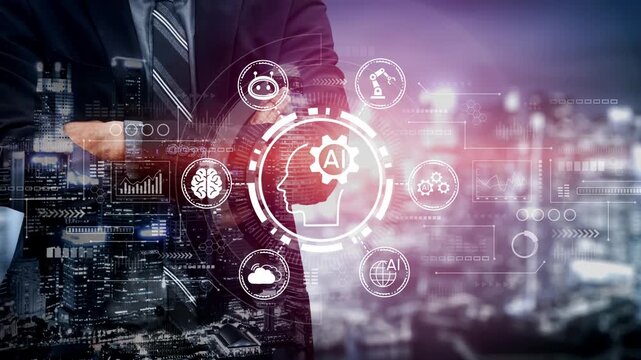 Professional businessman with artificial intelligence technology background representing innovation and digital transformation in modern industry settings. Entropy.