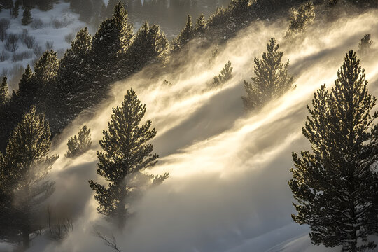 Windy mountain scene with snow blowing off the trees.