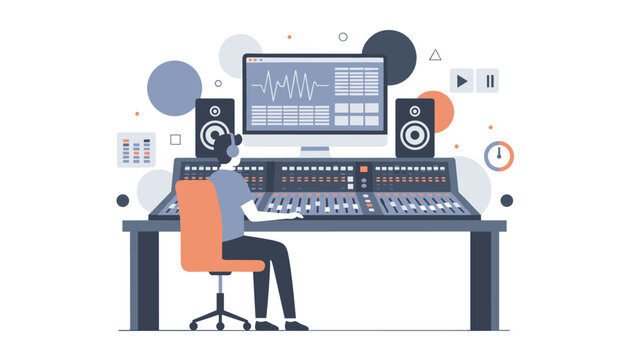 Sound engineer working on a professional mixing console and computer monitor in a music production studio with various audio equipment.
