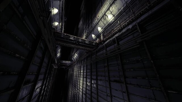 Vault corridor at midnight with cool blue lighting and reflective panels, row of overhead fixtures creates cinematic rhythm, heavy doors and riveted surfaces
