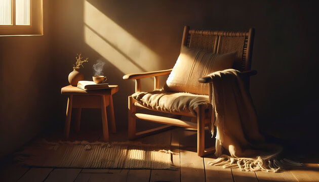 A vertical composition of a cozy corner of a room featuring a single, handcrafted wooden armchair with intricate carvings, draped with a warm knitted throw and a soft cushion, Ai generated image