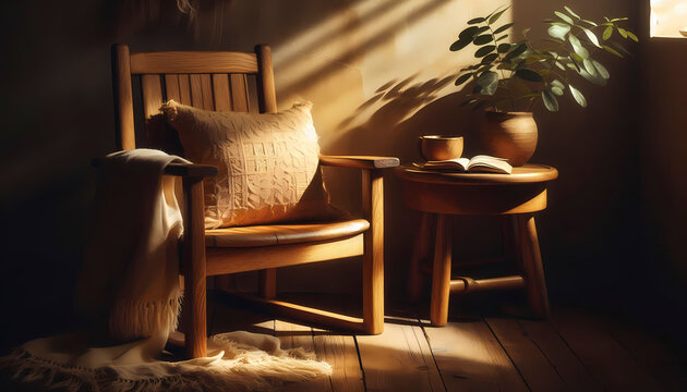 A vertical composition of a cozy corner of a room featuring a single, handcrafted wooden armchair with intricate carvings, draped with a warm knitted throw and a soft cushion, Ai generated image