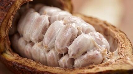 Obraz premium Fresh Opened Cacao Pod with White Pulp and Cocoa Beans in Ultra Detailed Macro Photography