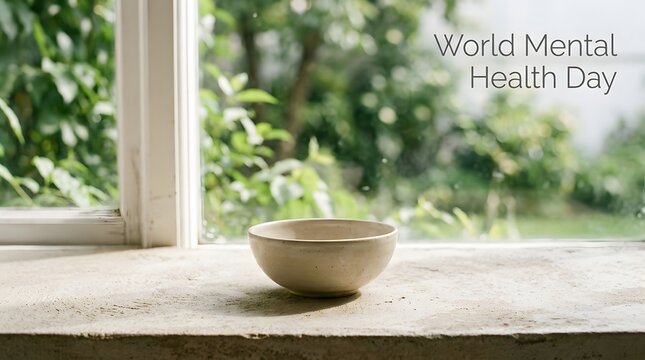 World mental health day awareness with serene bowl and natural light