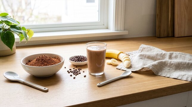 Healthy homemade chocolate smoothie beverage with cacao powder nibs banana slice and spoons on wooden table
