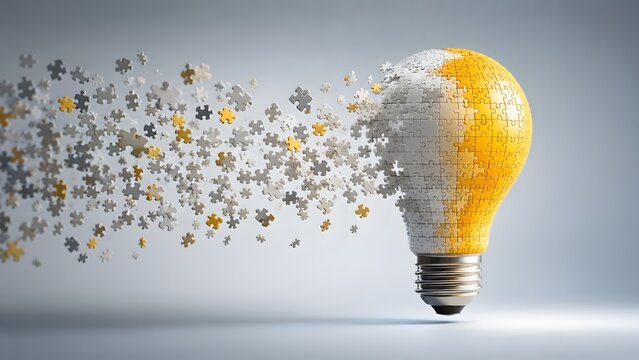 Creative Explosion Concept With 3D Puzzle Light Bulb Shattering Into Tiny Yellow And White Pieces