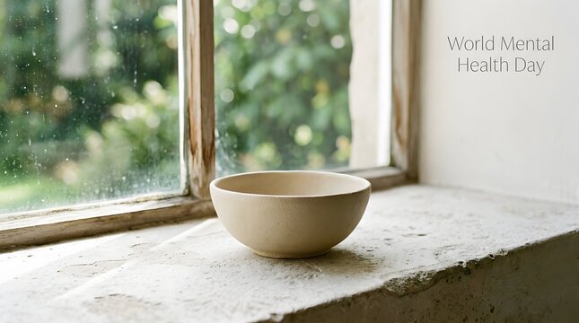 Empty ceramic bowl on window sill for world mental health day
