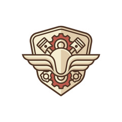 Obraz premium Steampunk emblem with wings, gears, and piston. Retro mechanical badge design.