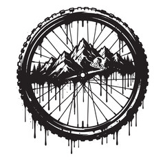 Fototapeta premium Graffiti style black and white ink of a mountain bike tire with a mountain landscape and a cyclist inside, featuring a street style with paint drips